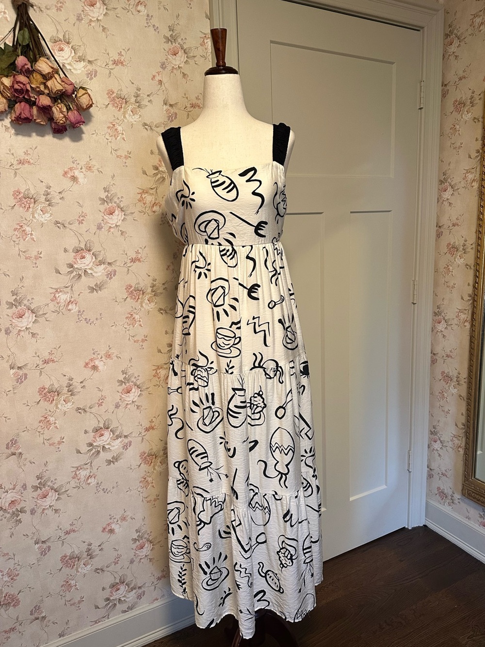 Maxi Dress By The River Doodle Print Tiered M Black White Bow Strap - Picture 6 of 16